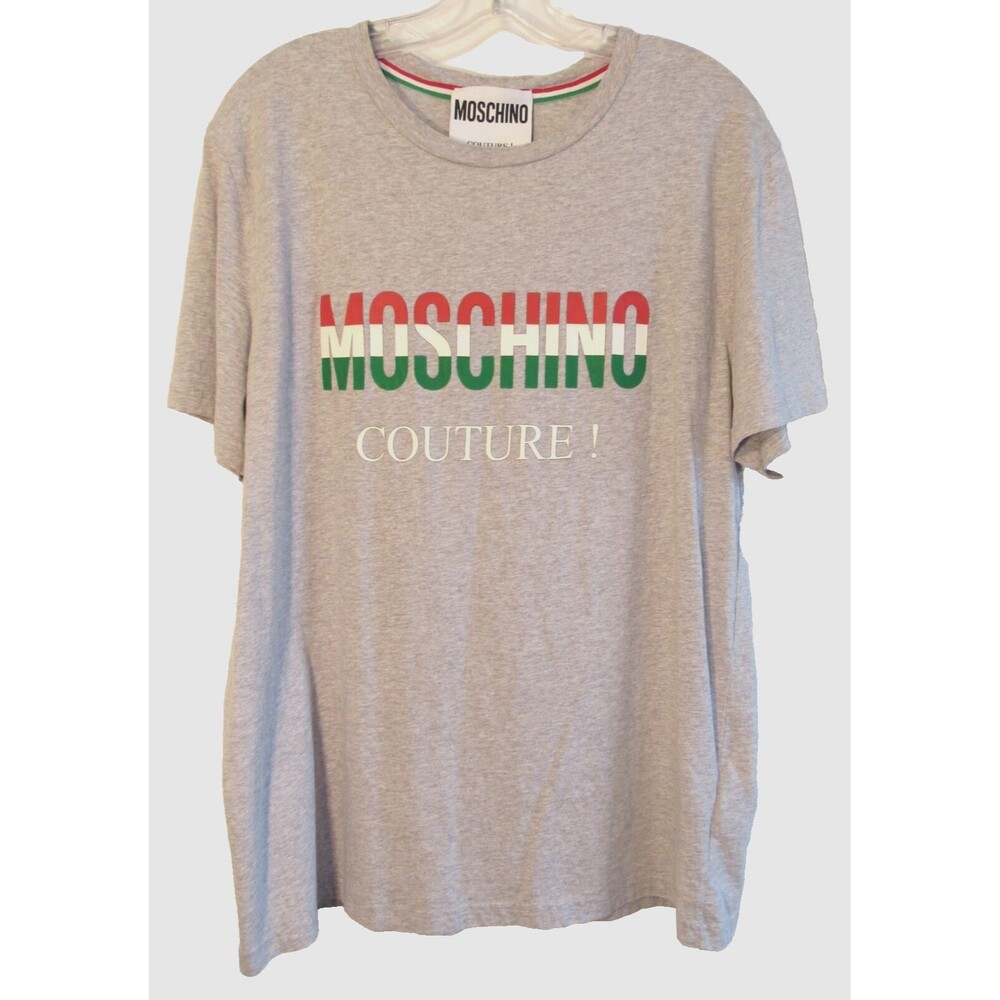 Moschino Couture Gray Italian Logo Graphic Short Sleeve T Shirt Size 44 EUC